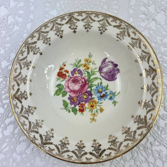 Vintage Edwin M. Knowles Semi Vitreous 4 Floral Berry Bowls Cream Gold Trim - Picture 2 of 10